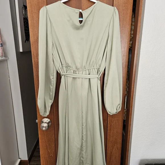 SHEIN Sage Green Long Sleeve Tie-Waist Midi Dress - Picture 5 of 5